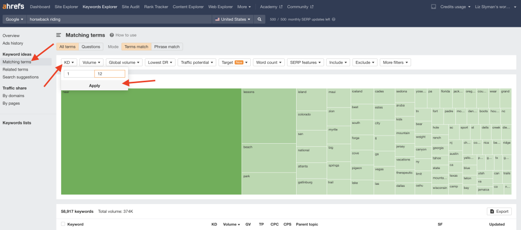 low keyword difficulty example image with arrows pointing to the kd, and search volume